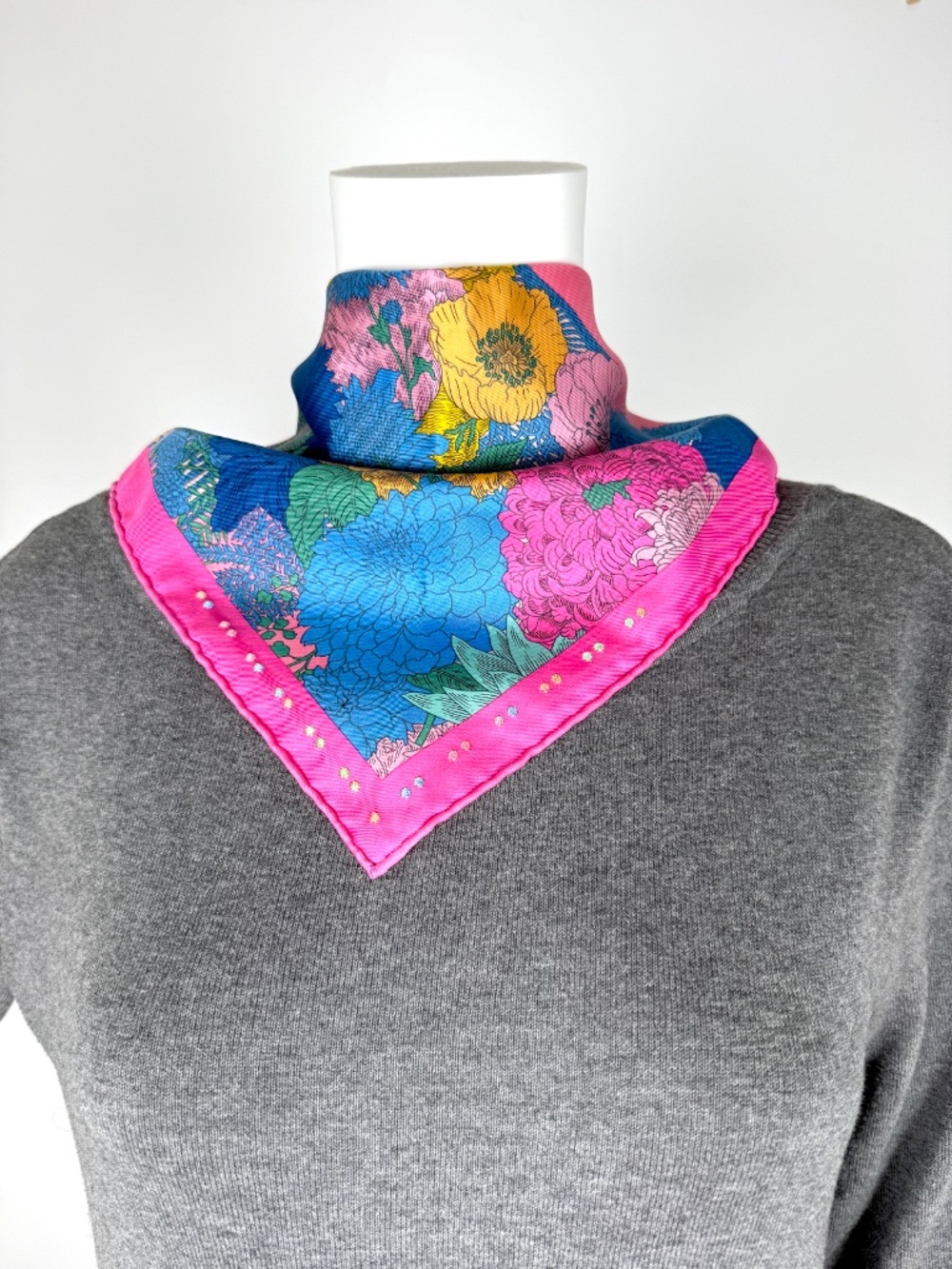 HERMES Robe Legere Embroidered Pink Blue Yellow Silk Square Scarf 45 - Picture 3 of 13